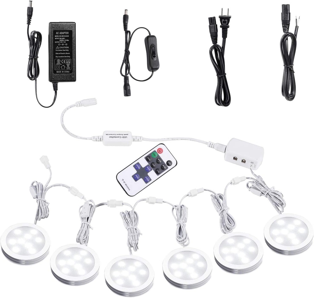 Under Cabinet LED Puck Lights with Wireless RF Remote Control, Hardwired & Wall Plug in, Daylight White, 6 Lights, Pack of 2 S4251