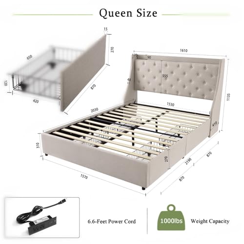 Full Size Upholstered Platform Bed with Button Tufted Storage Headboard and 4 Storage Drawers S64261