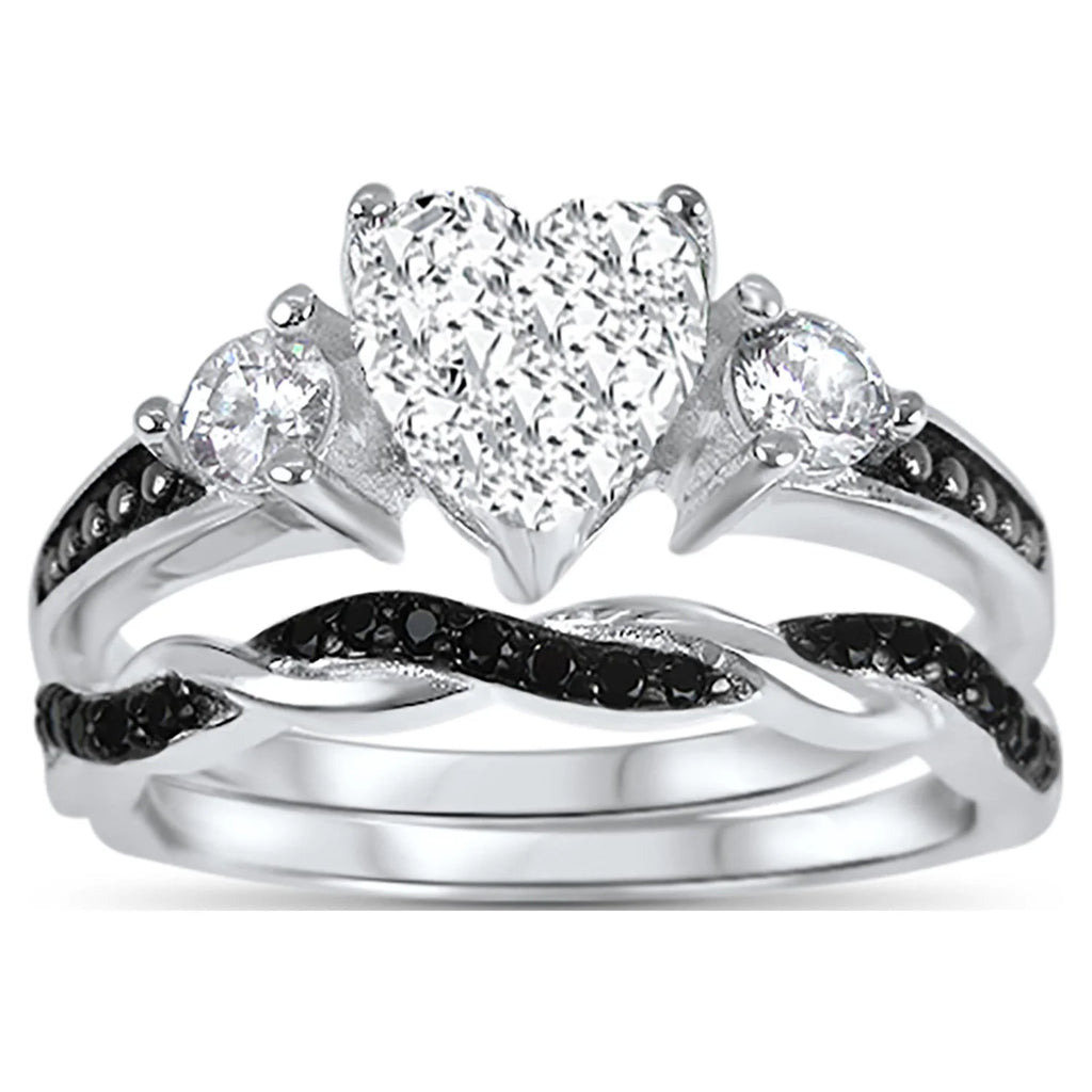 3 Piece Sterling Silver Black Wedding Band Engagement Ring Set U510