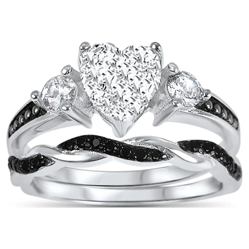 3 Piece Sterling Silver Black Wedding Band Engagement Ring Set U510