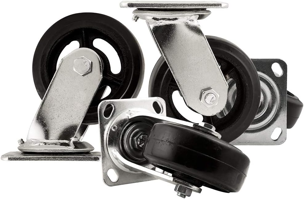 Heavy Duty 5 Inch Rubber Caster Wheel with Swiveling Top Plate, Black/Chrome, Pack of 2 H75951
