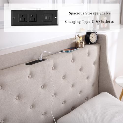 Full Size Upholstered Platform Bed with Button Tufted Storage Headboard and 4 Storage Drawers S64261