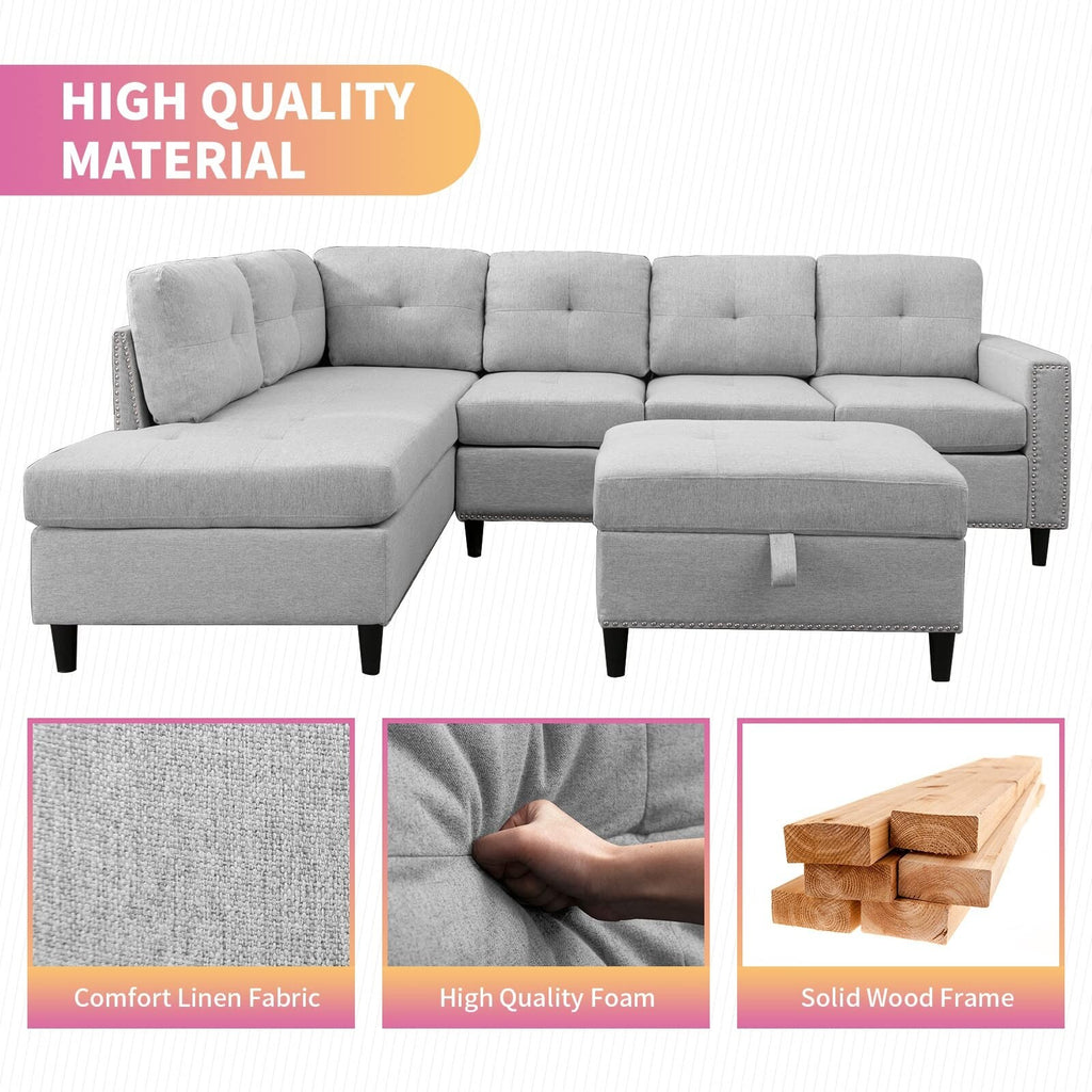 Light Grey L-Shaped Sectional Sofa with 2 Cup Holders and Storage Ottoman P274