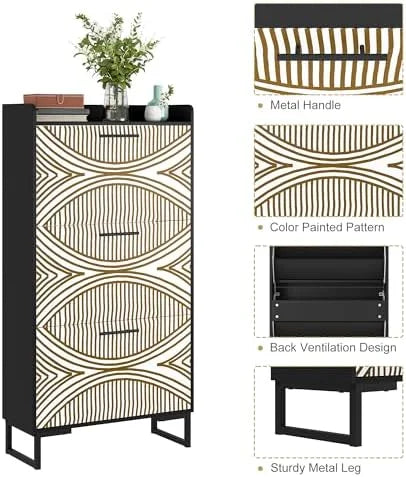 White Slim Shoe Cabinet with 3 Flip Drawers H82595