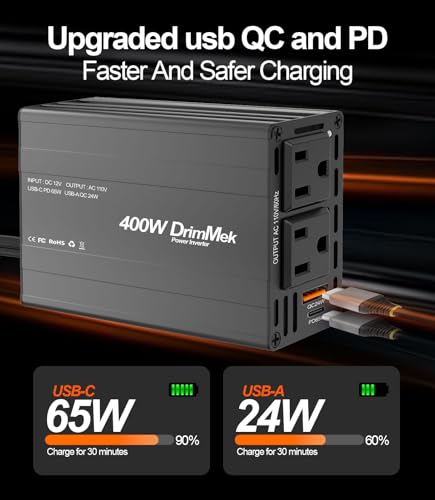 400W Car Power Inverter Dual DC 12V to 110V AC USB C 65W H38888
