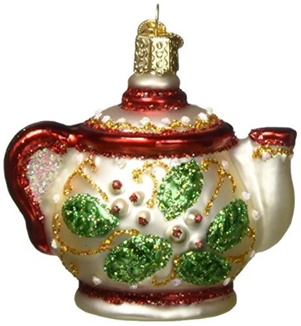 Glass Blown Christmas Ornament, Holly Teapot U67338