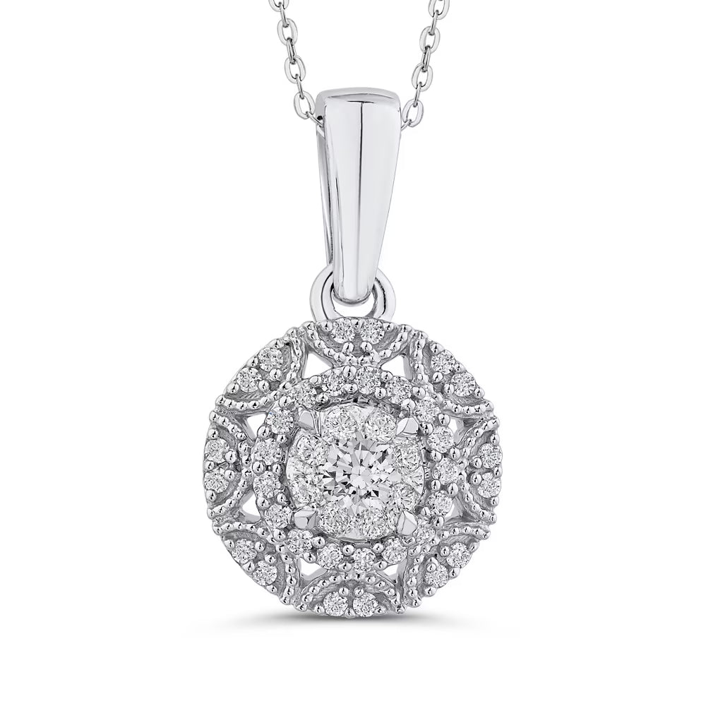Diamond Cluster Halo Pendant Necklace in 10k White Gold H931