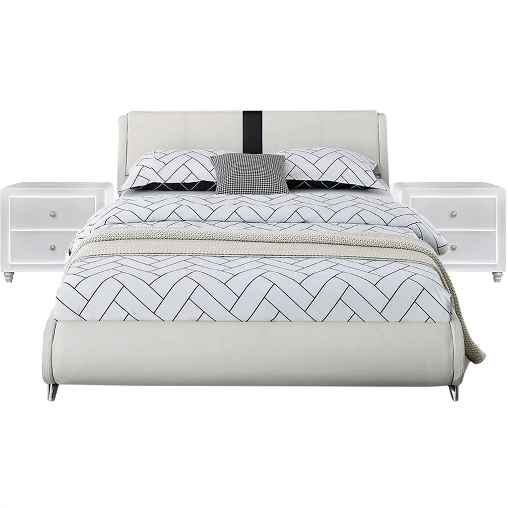 Queen White Platform Bedroom Set with Striped Headboard W96563