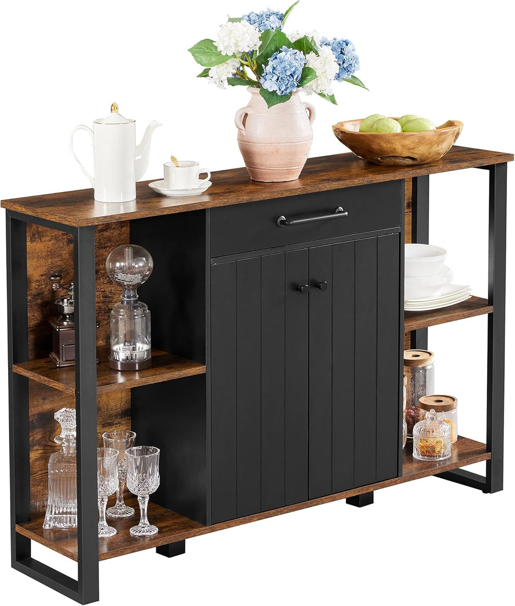 Rustic Brown and Black Steel Frame Buffet Cabinet with Drawer and Shelves A1748