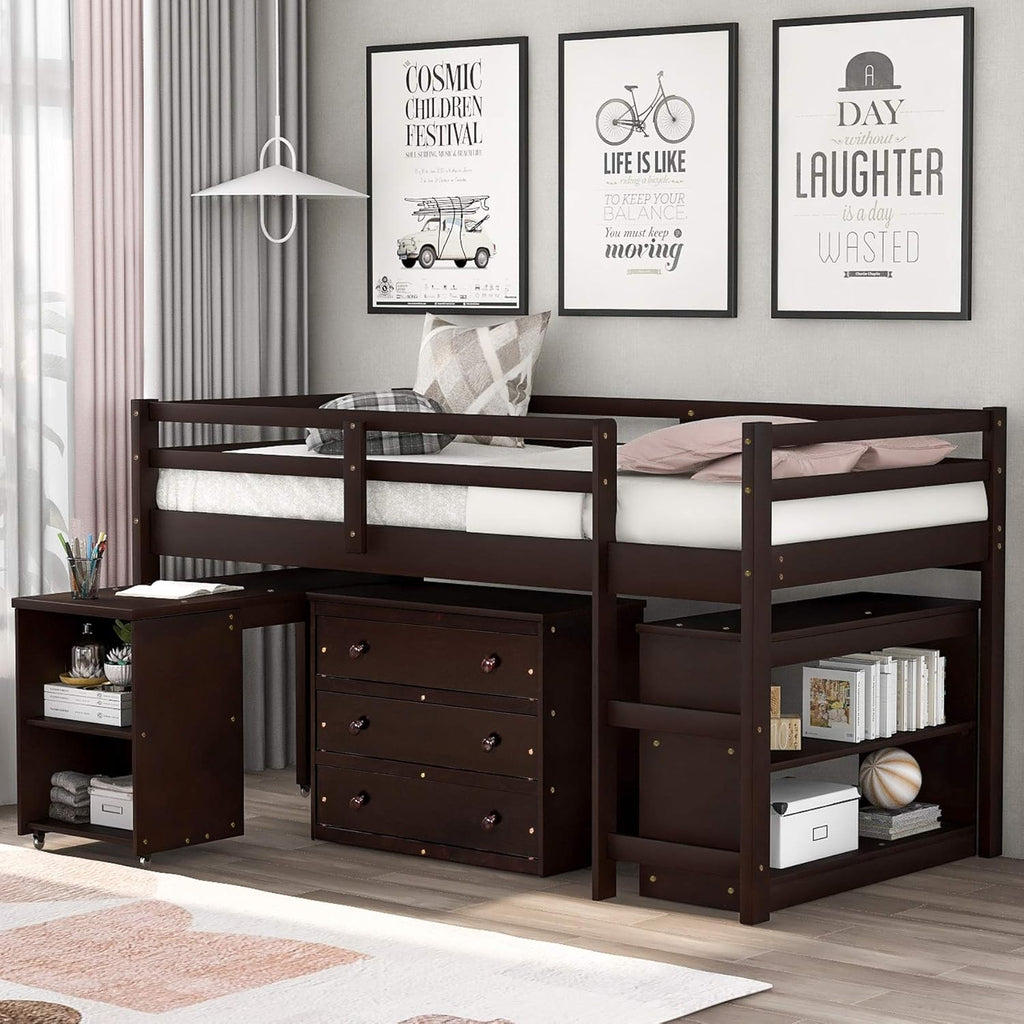White Solid Wood Twin-Size Low Loft Bed Frame with Ladder and Desk T544