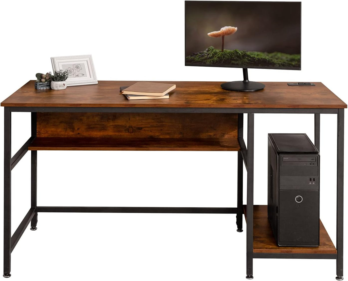Rustic Brown 55 Inch Computer Desk with Power Outlet and Storage Shelves Q60356