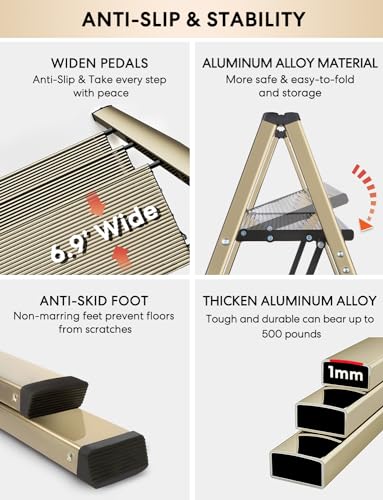 4 Step Ladder, Lightweight Portable Folding with Anti-Slip Wide Pedal, 330lb Capacity Aluminum, Black Z778994