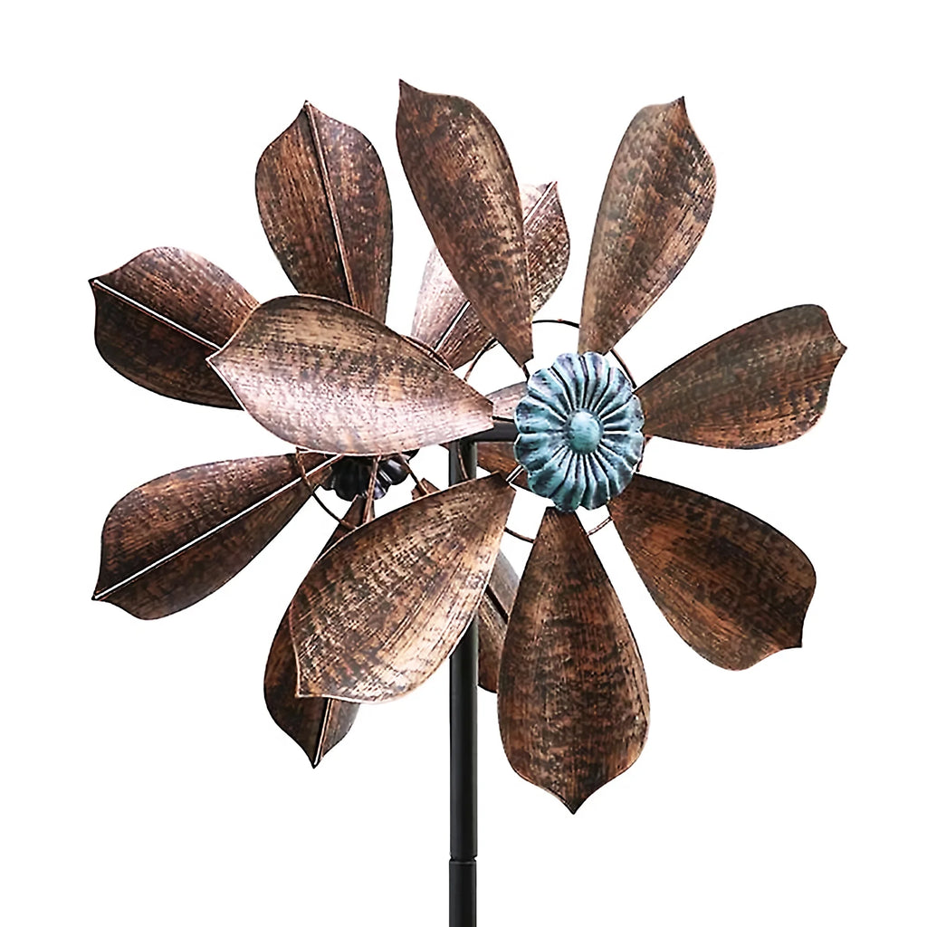 60 inch Metal Wind Spinner with Bronze Leaves and Blue Flower Core C5456