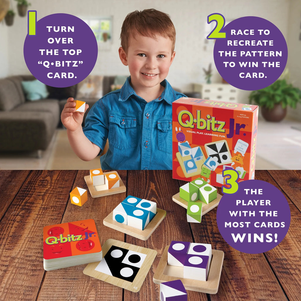 Q-bitz Jr. Game - 60 Pattern Cards, 4 Wooden Cube & Tray Sets X614671