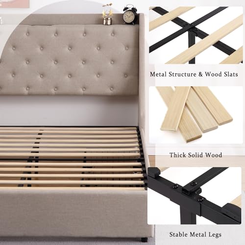 Full Size Upholstered Platform Bed with Button Tufted Storage Headboard and 4 Storage Drawers S64261