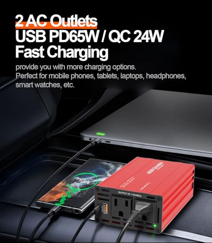 400W Car Power Inverter Dual DC 12V to 110V AC USB C 65W H38888