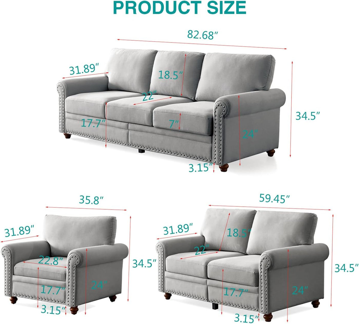 Grey 3 Pcs Sofa Set with Storage N12478