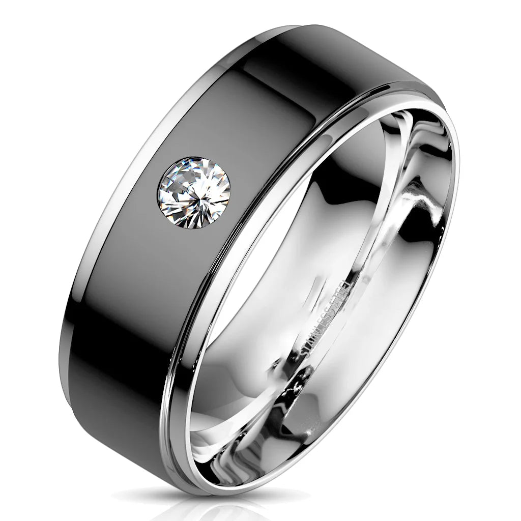 3 Piece Sterling Silver Black Wedding Band Engagement Ring Set U510