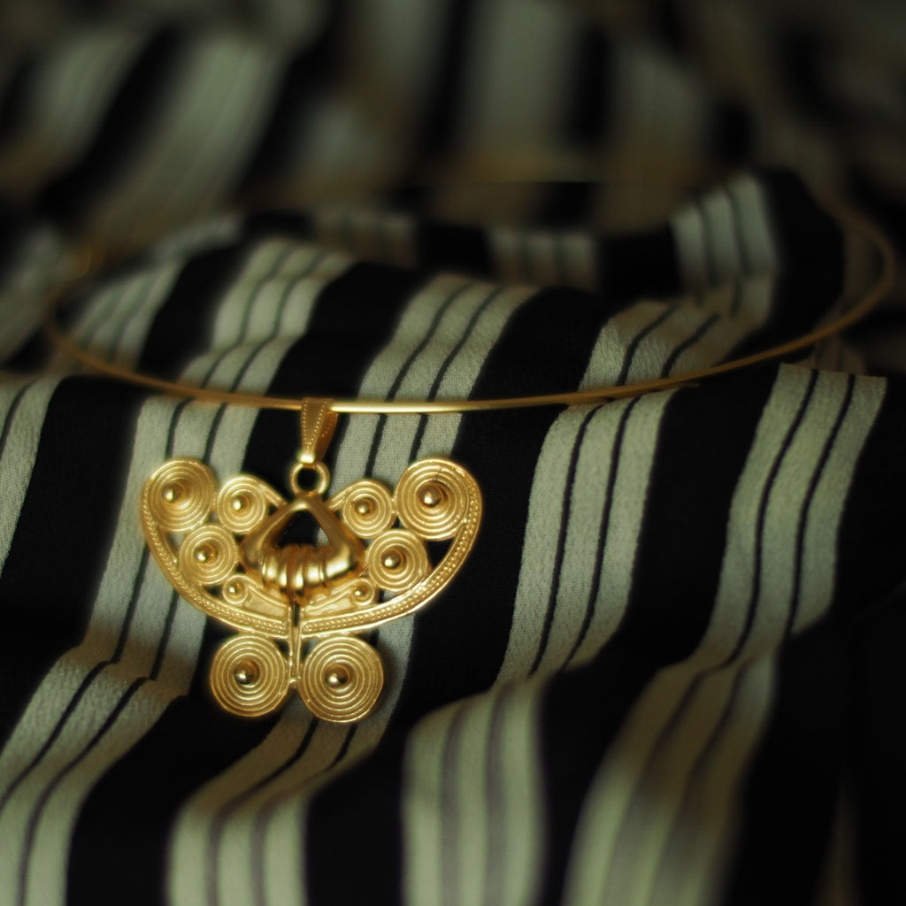 24k Gold Plated Omega Choker Necklace with Butterfly Pendant W299