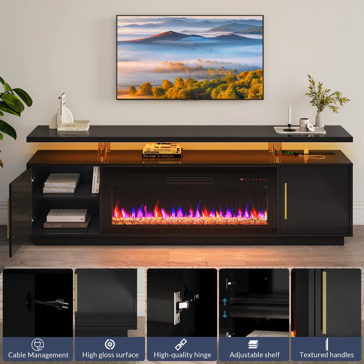79" TV Stand with Electric Fireplace and Storage Cabinet E948