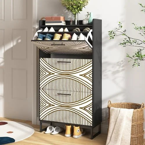 White Slim Shoe Cabinet with 3 Flip Drawers H82595