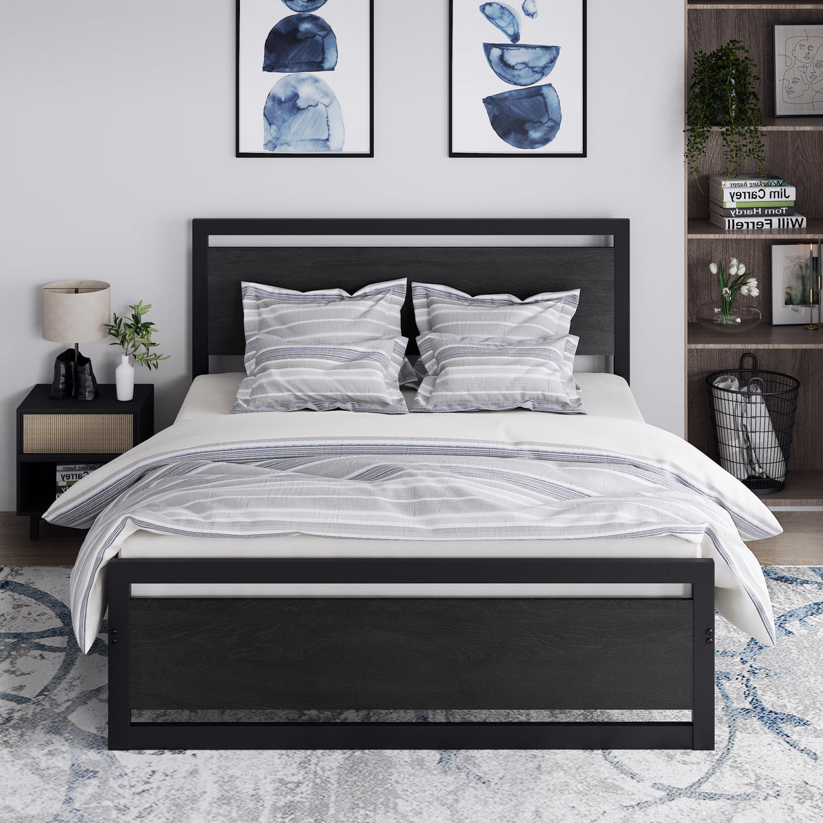 Queen Size Metal Platform Bed Frame with Wooden Headboard Footboard H7338