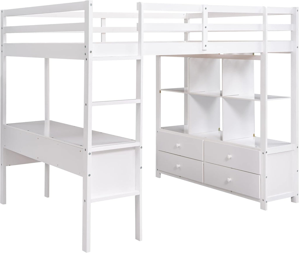 White Full Size Loft Bed with Built-in Desk, 2 Drawers and Storage Shelves I18838