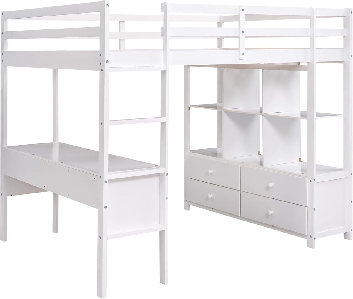 White Full Size Loft Bed with Built-in Desk, 2 Drawers and Storage Shelves I18838