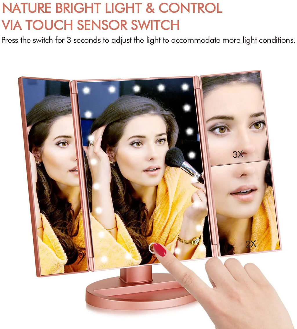 Tri-fold Lighted Vanity Makeup Mirror with 3x/2x Magnification K460554