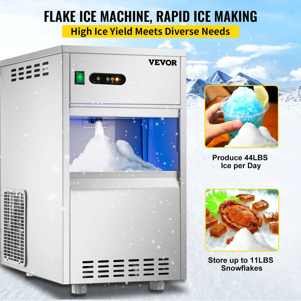 110V Commercial Snowflake Ice Maker 55lbs/24h, Food Grade Stainless Steel, Automatic Operation, Free Standing, Water Filter and Spoon G3292