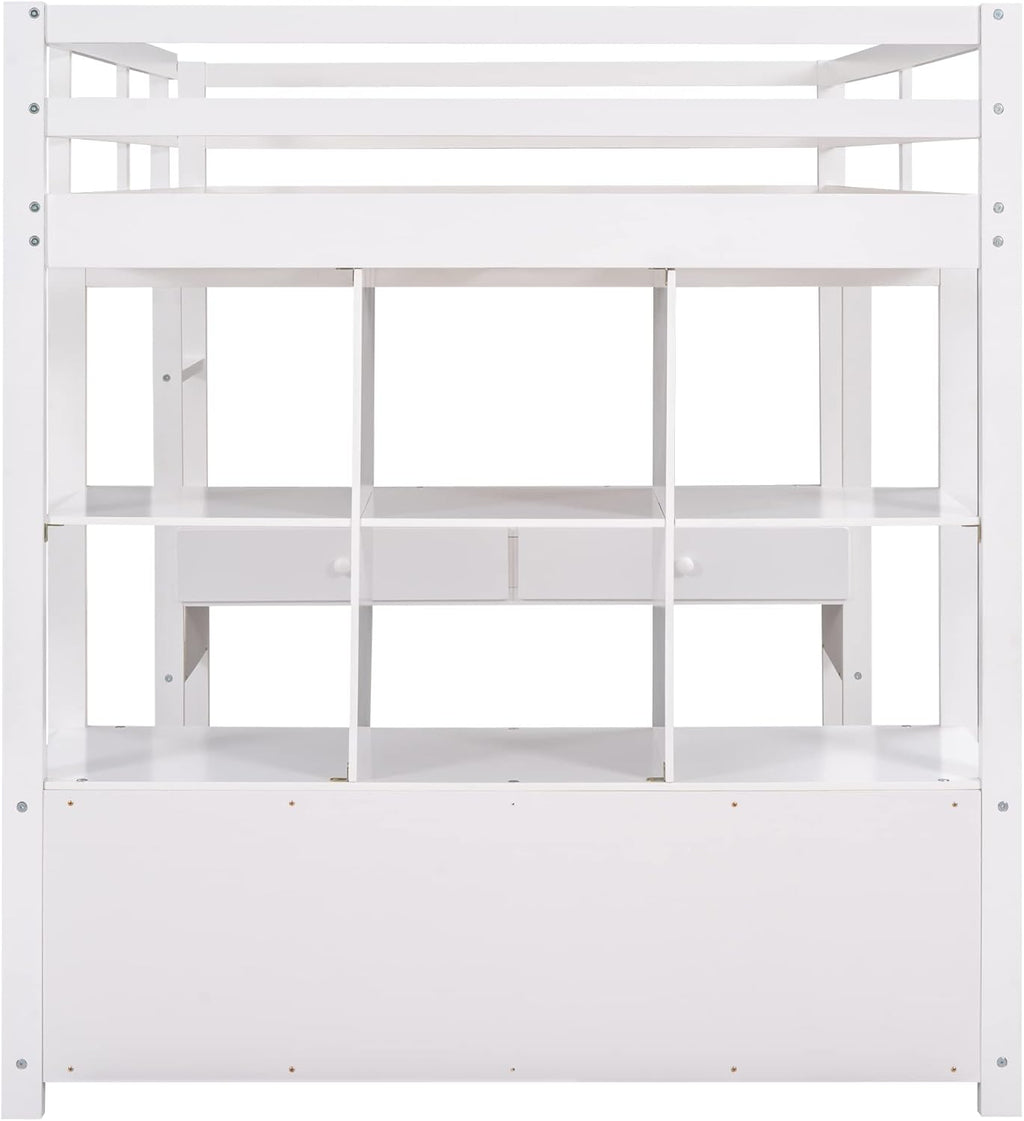 White Full Size Loft Bed with Built-in Desk, 2 Drawers and Storage Shelves I18838
