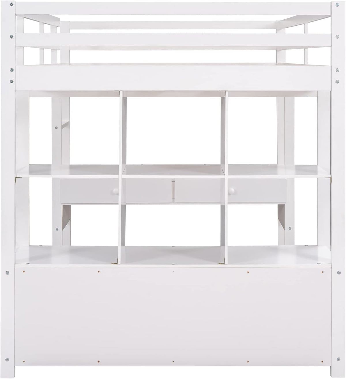 White Full Size Loft Bed with Built-in Desk, 2 Drawers and Storage Shelves I18838