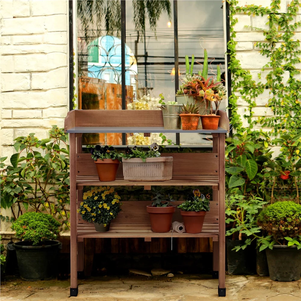Brown Outdoor Potting Bench Table with Storage Shelf U472046