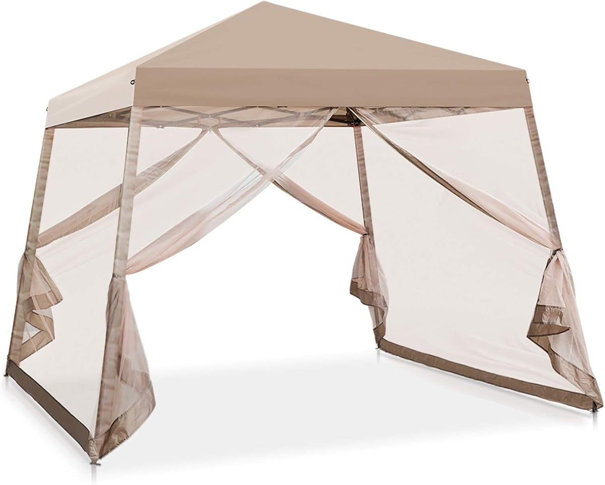 10' x 10' Slant Leg Pop Up Canopy Tent with Mosquito Netting Beige M9022