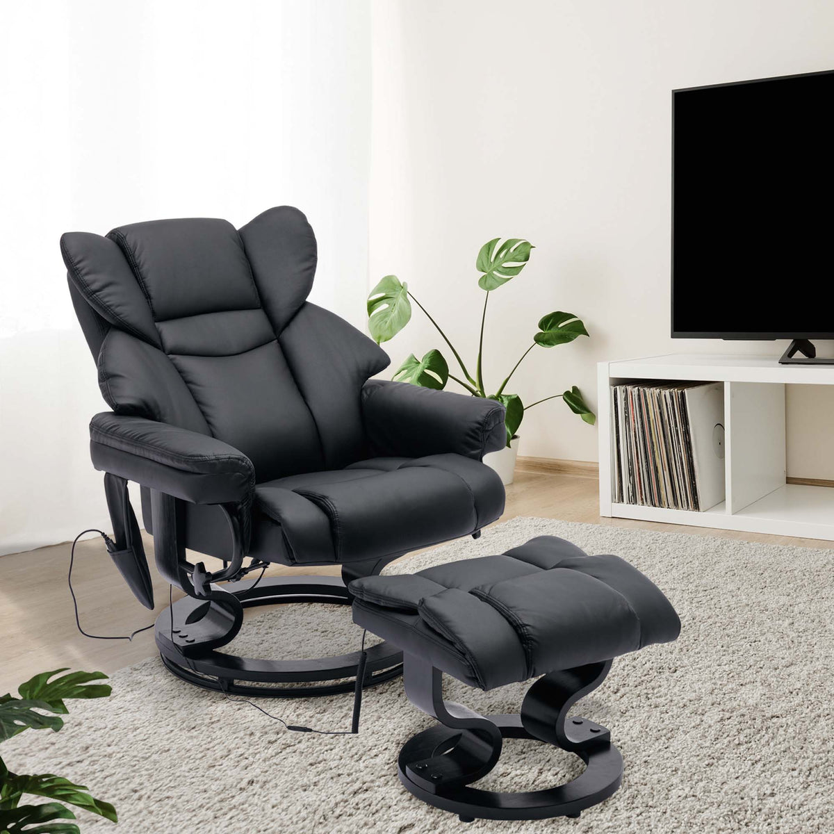 Black PU Massage Recliner Office Chair with Ottoman R1339
