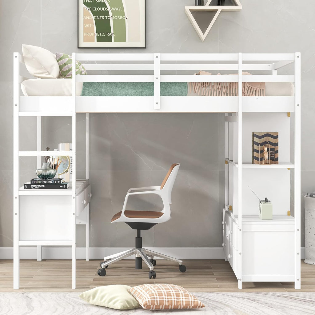 White Full Size Loft Bed with Built-in Desk, 2 Drawers and Storage Shelves I18838