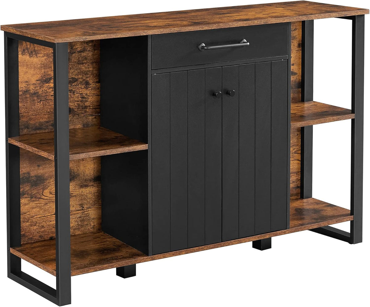Rustic Brown and Black Steel Frame Buffet Cabinet with Drawer and Shelves A1748