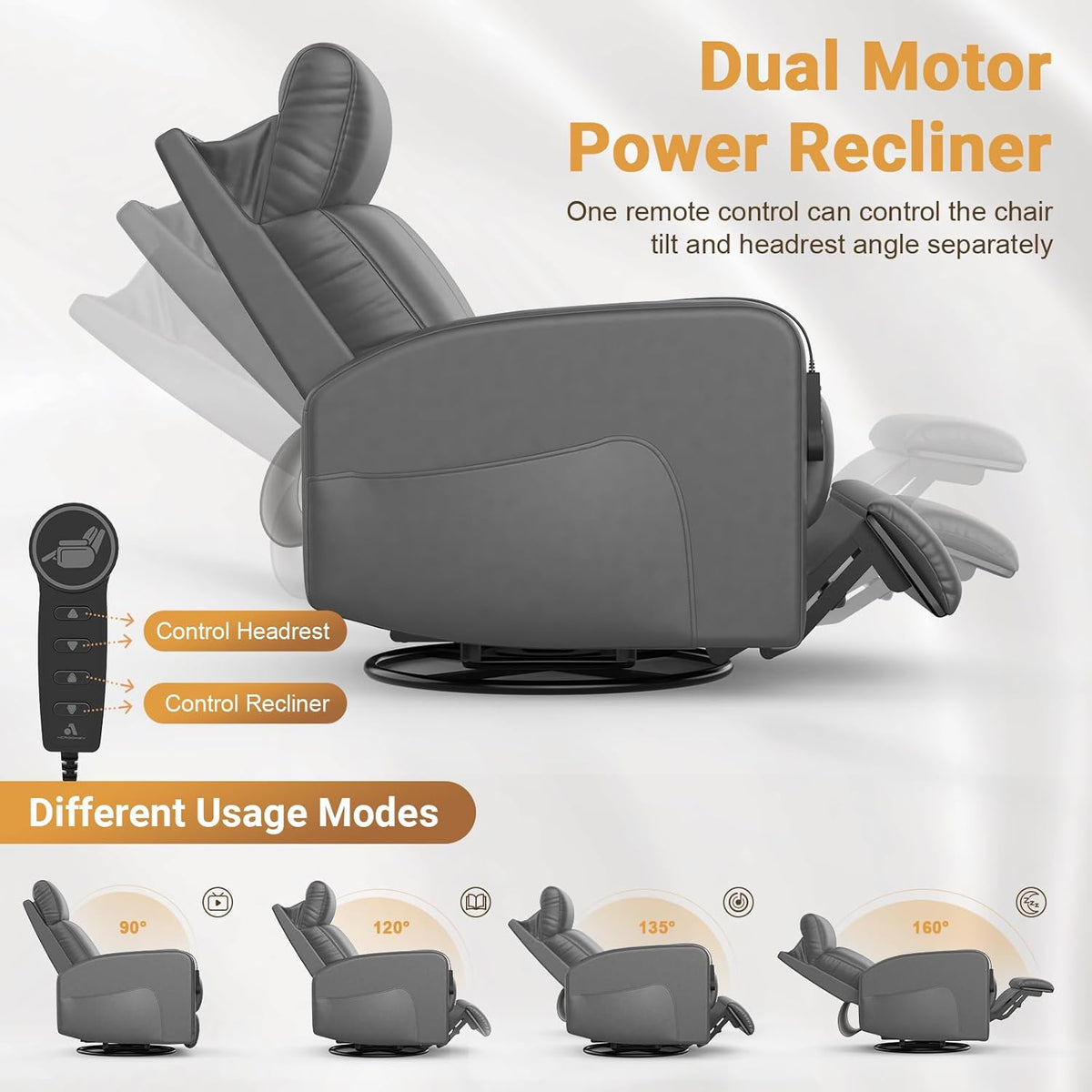Grey PU Leather Power Recliner Swivel Glider Chair with USB & Type C Ports D2653