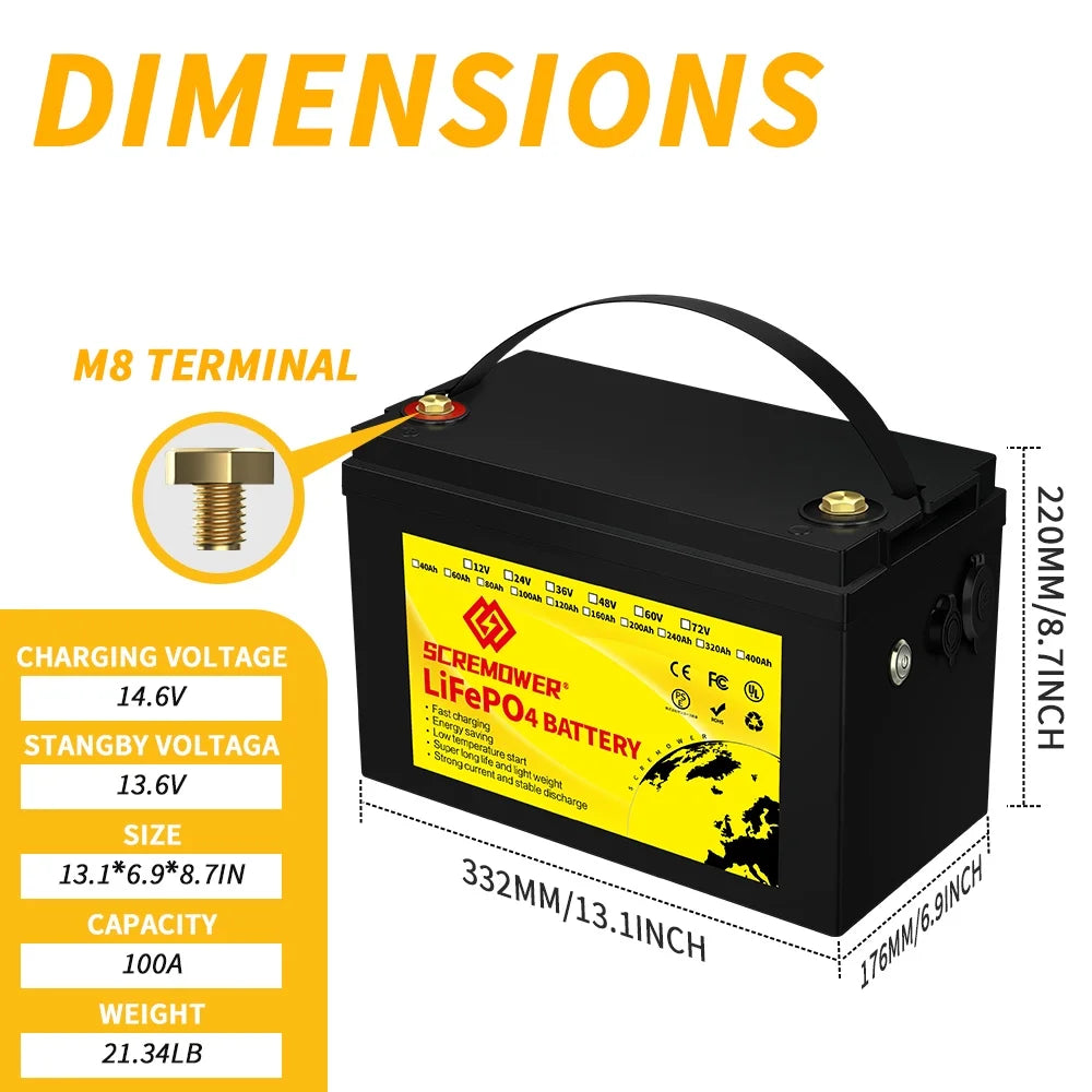 12V 100AH LiFePO4 Lithium Battery with 100A BMS J571571