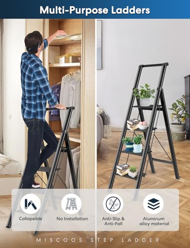 4 Step Ladder, Lightweight Portable Folding with Anti-Slip Wide Pedal, 330lb Capacity Aluminum, Black Z778994