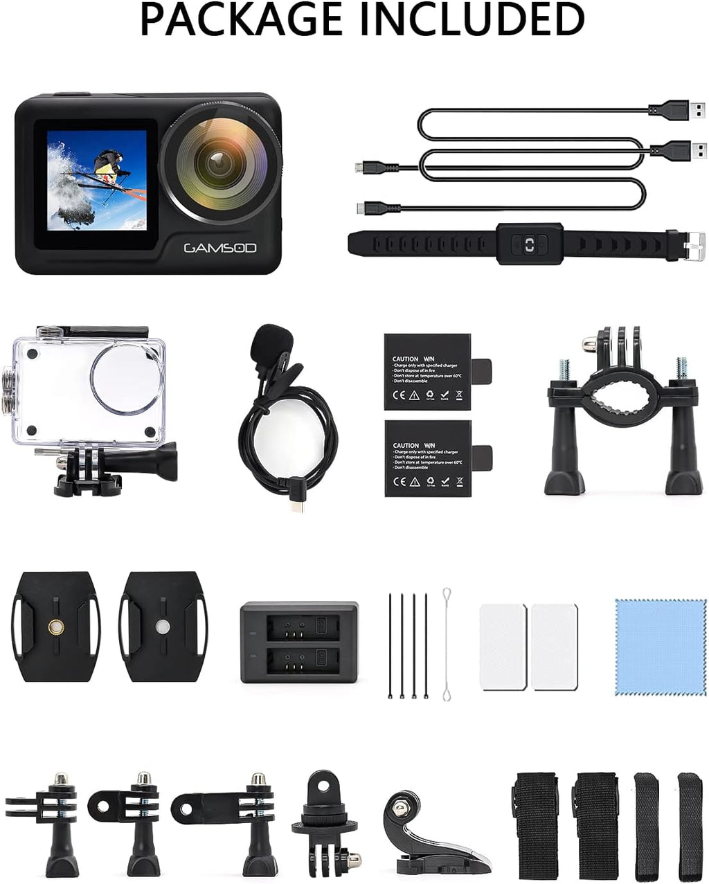 4K 60FPS Waterproof Action Camera with Stabilization, WiFi, Dual Screen, 2 Batteries N5616