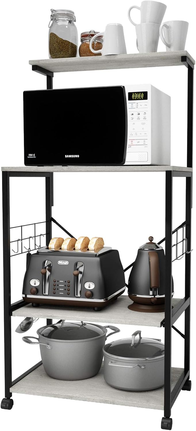 4 Tier Kitchen Utility Storage Shelf Cart on Wheels with Side Hooks (Gray) N84670