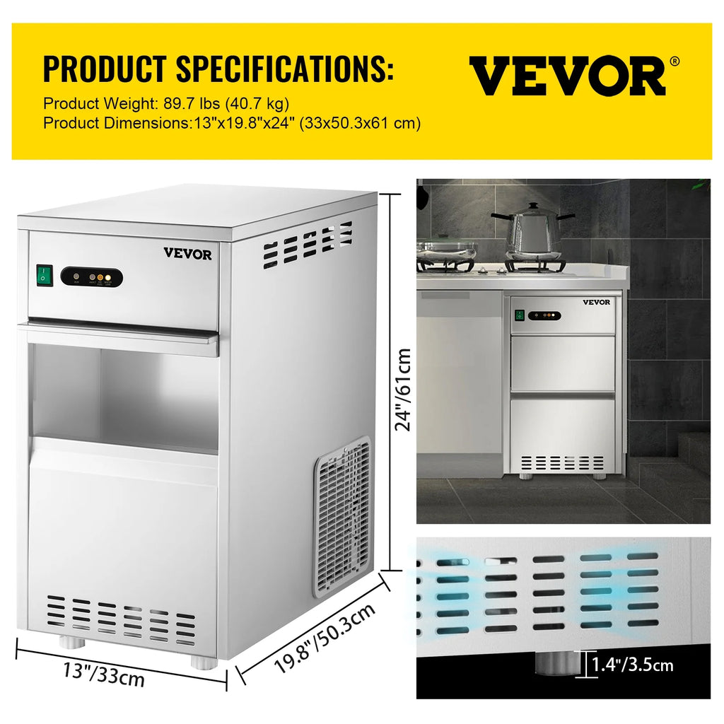 110V Commercial Snowflake Ice Maker 55lbs/24h, Food Grade Stainless Steel, Automatic Operation, Free Standing, Water Filter and Spoon G3292