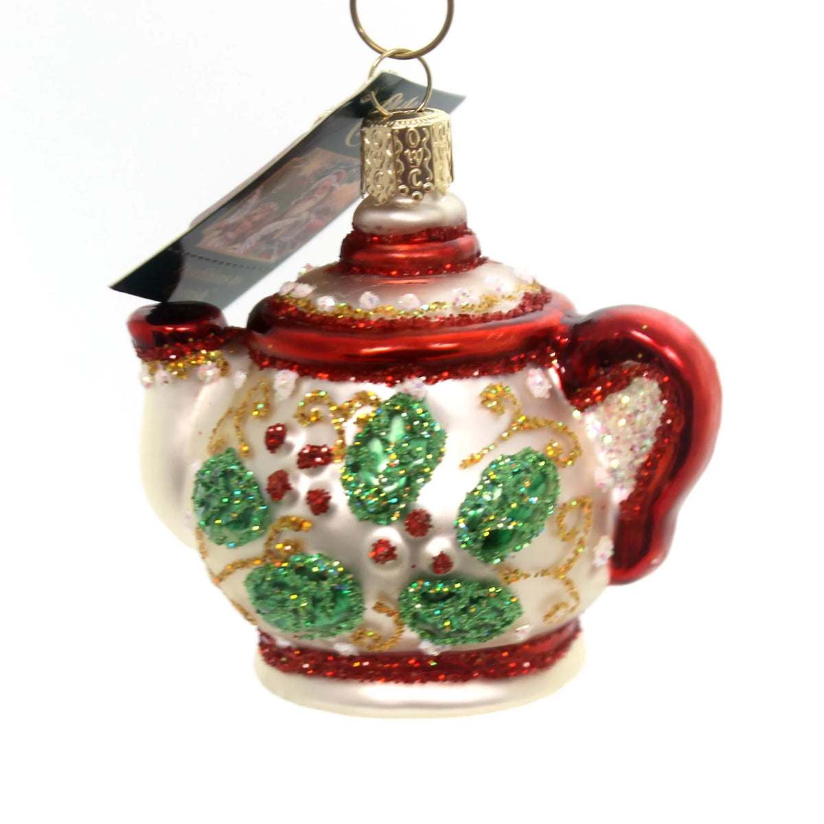 Glass Blown Christmas Ornament, Holly Teapot U67338