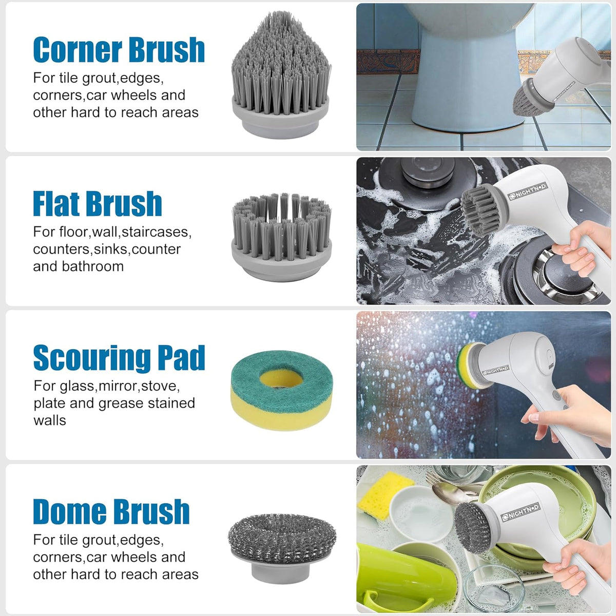 Cordless Electric Cleaning Brush with 4 Replaceable Brush Heads F6709