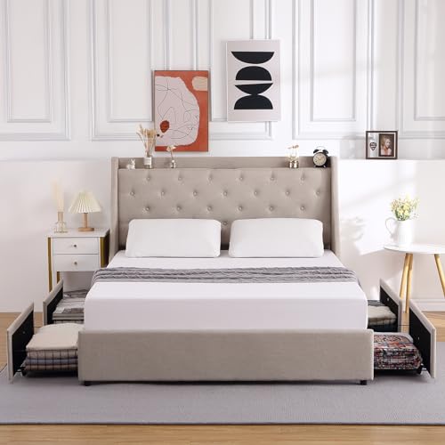 Full Size Upholstered Platform Bed with Button Tufted Storage Headboard and 4 Storage Drawers S64261