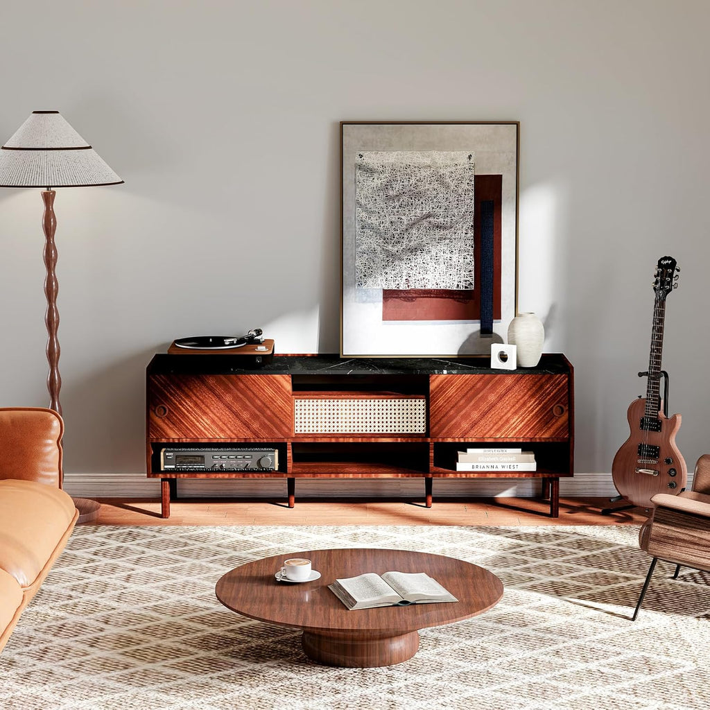 Walnut 67 inch TV Stand with Rattan Drawer O783295
