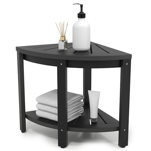 Black Poly Lumber Corner Shower Bench with Storage Shelf T722