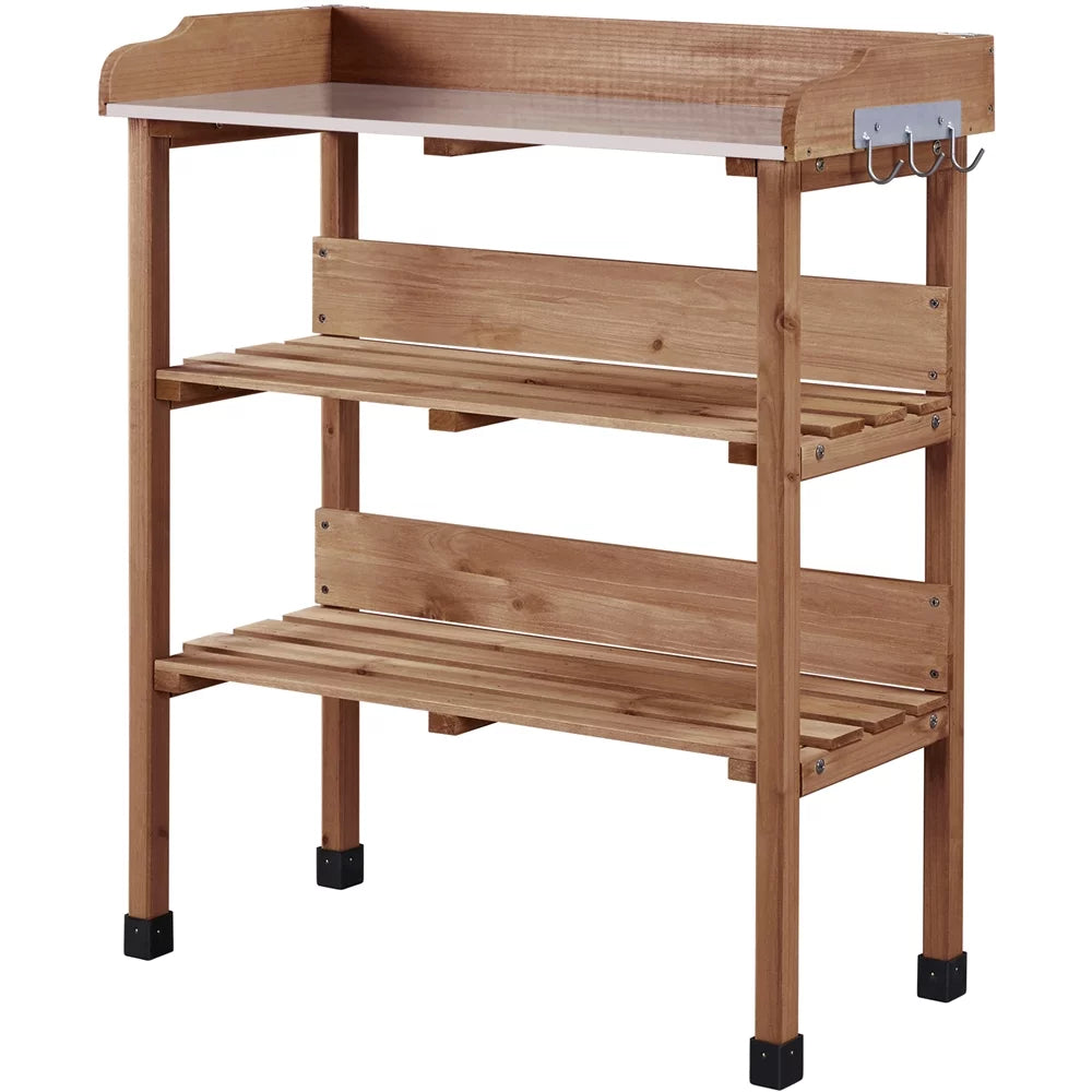 Brown Outdoor Potting Bench Table with Storage Shelf U472046