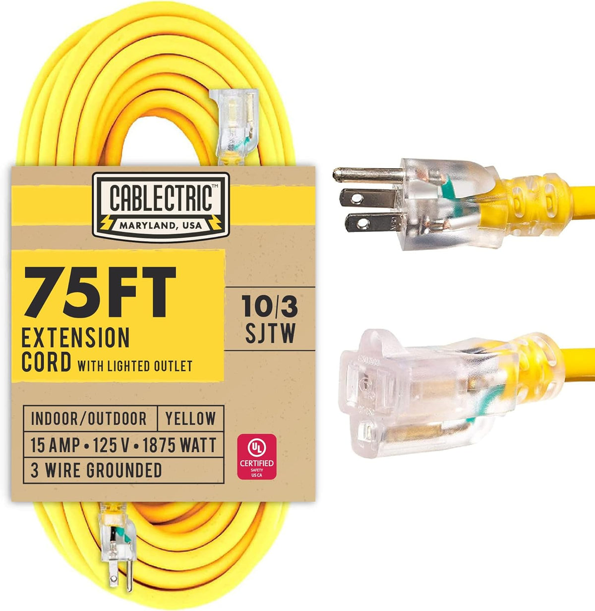 75 Ft 10 Gauge Yellow Heavy Duty Extension Cord Z493